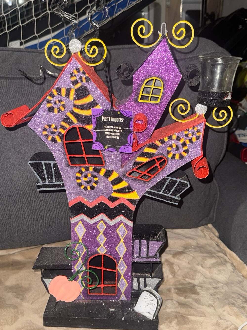 Pier 1 Imports Haunted House Tealight Holder Purple Glitter Halloween